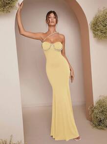 L'Amorae Pearl Embellished Bustier Mermaid Maxi Dress - Yellow - View 6