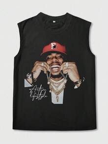 ROMWE MEN Street Life Teen Boy Portrait Print Sleeveless Tank Top, Suitable For Spring/Summer Everyday Wear