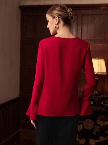 ZEYLAH Asymmetric Decor Button Long Sleeve Elegant Blouse, Autumn/Winter - Red - View 3