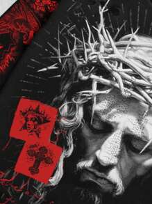 ROMWE MEN Street Life 复古街头风格破旧圣徒图案长袖圆领男式 T 恤，秋季，2000 年代风格