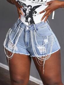 Slaydiva Plus Size Women Ripped Loose Denim Shorts With Pockets, Frayed Hem & Pearl Chain Decor, Casual - Blue - View 3