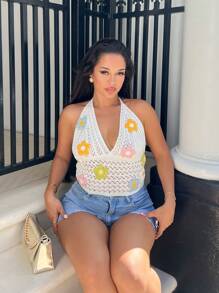 NegzBox Cute Crocheted Flower Neck Decor Blouse, Vacation Style - White - View 1