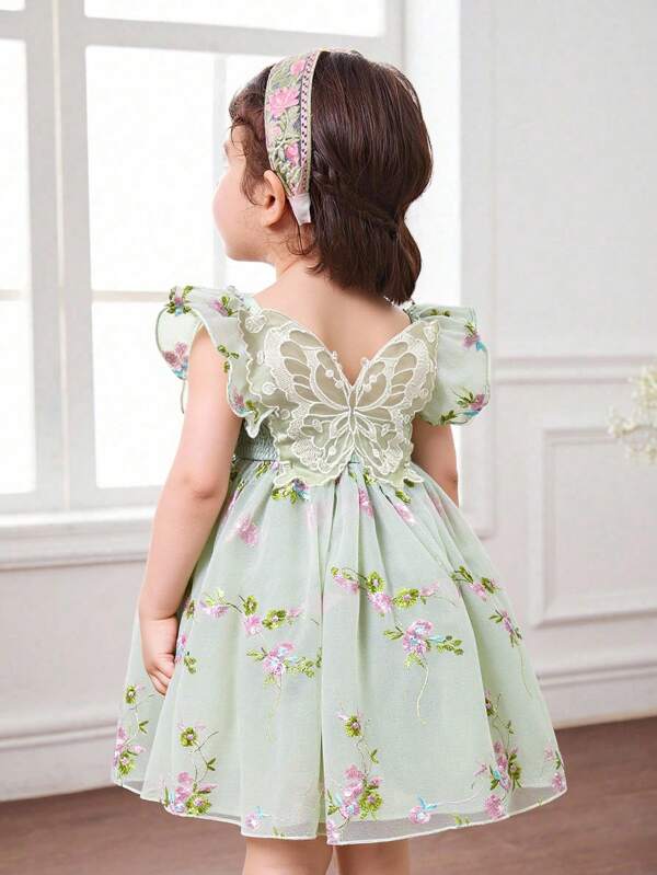 Vestido ajustado de cuello cuadrado con mangas abullonadas, tejido y bordado, para niña joven