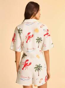 CAJUNI Women's Vacation Shallow Yellow Ocean Element Lobster, Palm Tree, Starfish Printed Shirt Collar Short Sleeve Button Down Waist 2 In 1, Summer Vacation, Date, Party, Beach Printed Jumpsuit