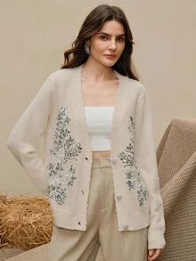 Anewsta 优雅串珠亮片刺绣针织开衫 - 杏色 - 查看 3