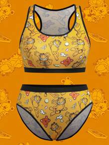 GARFIELD | SHEIN Plus Size Women's Yellow & Black Cute Cartoon Cat Print Cool Fashion Comfortable Sports Bra & Panty Set,Basic Comfortable Casual ,Soft - Yellow - View 5