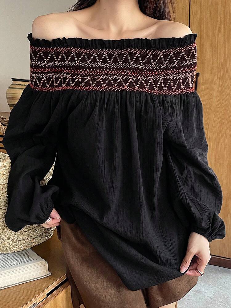 Women's Casual Holiday Bohemian Colorblock Plaid Rainbow Striped Off Shoulder Loose Long Sleeve Top, Suitable For Spring, Summer, Autumn,Fall Women Clothes Boho