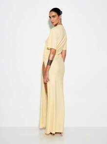 KIZN 迷人晚礼服及地长垂坠设计高开衩侧结细节半袖正式婚礼宾客特殊场合夏季优雅 - 黃色 - 查看 2