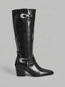 Ontre 2025 Spring New Black High Shaft Cowgirl Boots For Women, Square Toe Thick Heel Western Riding Boots - Black - View 1