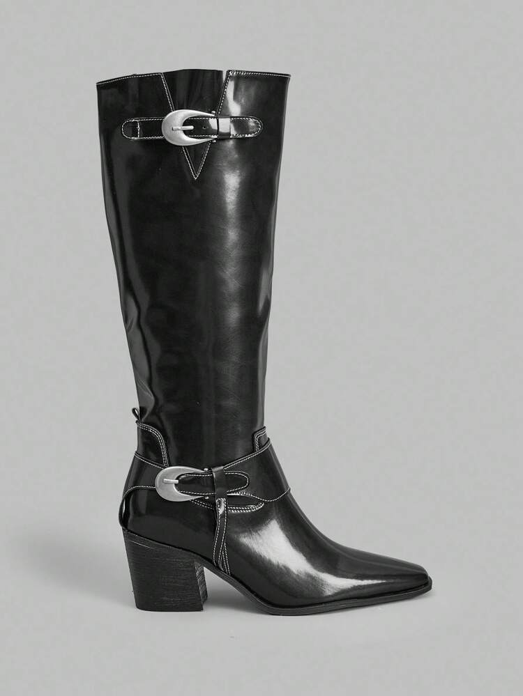 2025 Spring New Black High Shaft Cowgirl Boots For Women, Square Toe Thick Heel Western Riding Boots