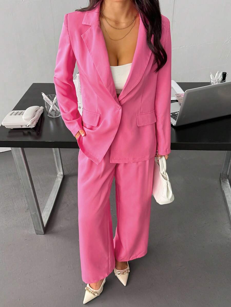 SHEIN PETITE 女士休闲纯色翻领单排扣西装套装 - 粉色 - 查看 1