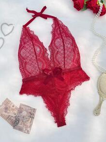 SHEIN Solid Color Halter Neck Backless Lace Sexy Bodysuit Lingerie For Going Out - Burgundy - View 6