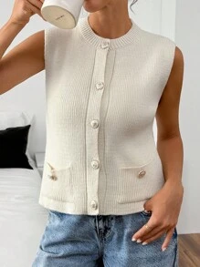 EURMUSE Women Solid Color Front Button Pocket Detailed Sweater Vest - Beige - View 2