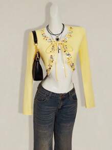 SHEIN ICON Áo thun nữ tay dài dáng croptop đính đá lấp lánh màu vàng bơ đính cườm, thắt nơ phía trước, thời trang thu đông - Màu vàng - Xem 5