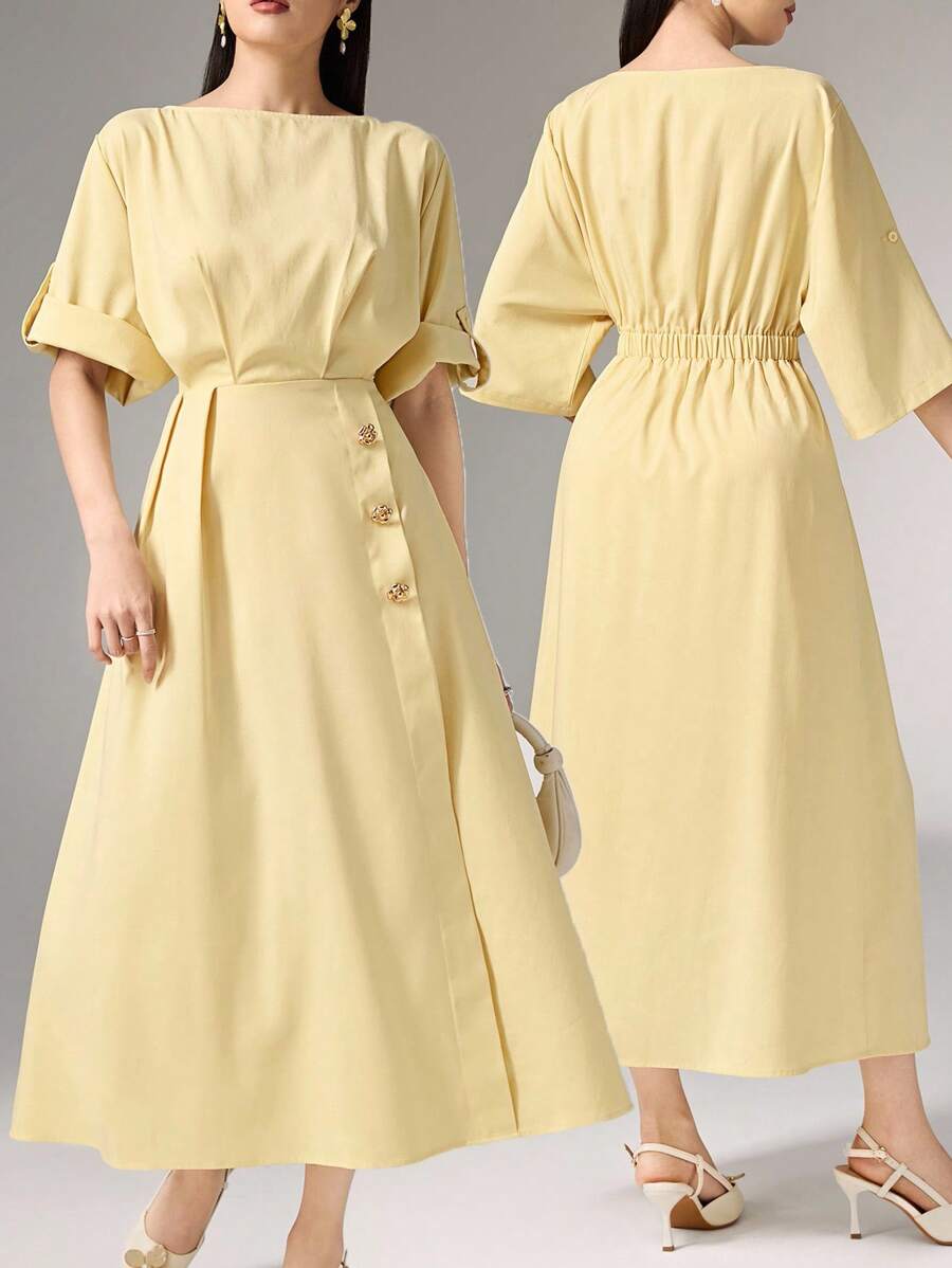 Heiryn Đầm dài vừa phải thanh lịch cổ tròn tay bo gấu màu trơn dành cho nữ có họa tiết hoa kim loại - Màu vàng - Xem 1