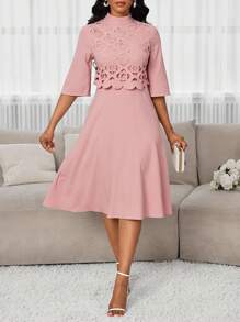 SHEIN Lady 女士纯色镂空领优雅中长连衣裙