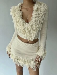 Aloruh 2 件 Y2K 设计性感短款上衣流苏下摆紧身迷你裙和深 V 领长袖针织毛衣套装，秋冬假期 - 杏色 - 查看 3