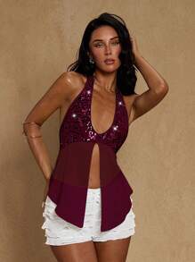 Glamine 女式露背无袖时尚夏季串珠刺绣雪纺衬衫 - 紅色 - 查看 4