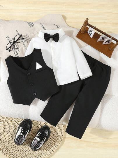 SHEIN 2 delar formell herrekostym för babypojke, enkelknäppt enfärgat väst + byxor, ingen skjorta, inga accessoarer, lämplig för 6 månader till 3 år, formell klädsel för bröllop, framträdanden, fest, födelsedag, jul och examensceremoni