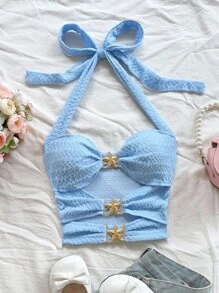 Soleia 镂空露背挂脖系带五角星金属装饰修身背心，适合女士，适合节日、约会、下午茶、度假、音乐节、波西米亚风格 - 淺藍色 - 查看 3