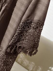 CosyJoli 大码女式花卉图案领结撞色蕾丝宽松时尚衬衫