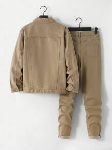 SHEIN 青少年男孩时尚休闲 Y2K 复古酷炫街头返校学院风两件套，卡其色牛仔宽松翻领长袖外套搭配舒适弹力修身牛仔裤，适合儿童日常穿着，柔软舒适，也适合儿童秋冬季节、派对、居家穿着，街头风校园服饰，男孩套装，青少年男孩套装 - 卡其色 - 查看 2