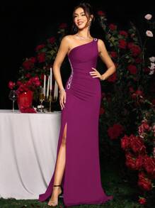 Coutiva Elegant Party Rhinestone Embellished One-Shoulder High Slit Formal Dress - Violet Purple - View 3