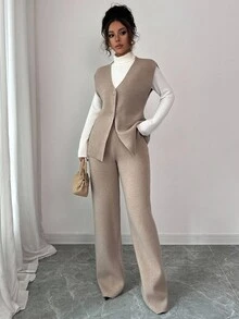 Siren Gaze 2 peças femininas cor sólida decote em V botão cardigan suéter colete e calças terno casual, conjunto confortável, suéter feminino 2 peças roupa outono/inverno - Damasco - Ver 6