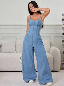 SHEIN PETITE Mono de mezclilla lavado casual de verano - Lavado ligero - Ver 5