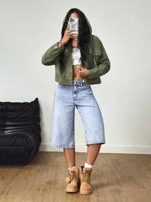 SHEIN Tall Chaqueta vaquera de manga larga con capucha, de corte holgado y casual - Verde militar - Ver 6