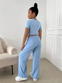 SHEIN Tween 女童休闲纯色针织长袖上衣和直筒裤套装，返校装 - 藍色 - 查看 2