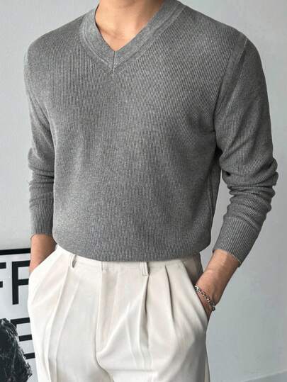 DAZY 男士纯灰色V领毛衣，通勤风格，秋季