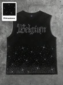 ROMWE MEN Goth Unisex English Graphic Rhinestone Decor Streetwear Tank Top, Halloween - Black - View 1