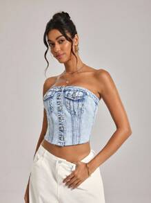 SHEIN Tall Women's Single-Breasted Frayed Hem Cropped Denim Camisole Top - Light Wash - View 4
