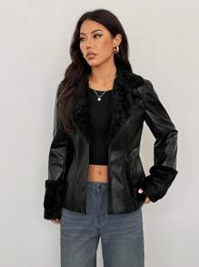 SHEIN PETITE Women's Fashion Versatile Faux Fur Patchwork Regular Jacket Black Leather Jacket Women Belted Leather Jacket In Fall/Winter