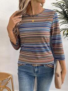 EMERY ROSE Women's Striped Crew Neck 3/4 Sleeve Casual Versatile T-Shirt, Spring Clothes - Multicolor - View 3