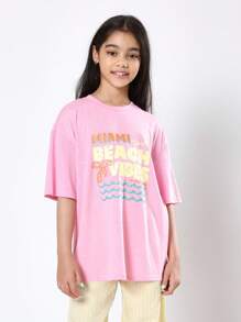 SUMWON Miami Beach Vibes Sommer T-Shirt mit Ozeanwellen Muster, High Rise Weite Bein Hose, Relaxed Fit Urlaubsoutfit für Mädchen, Ferienresort Kleidung - Pink - Übersicht 3