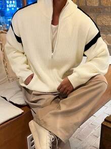 男士米色和黑色拼色开衫、秋季夹克 - 米色 - 查看 1