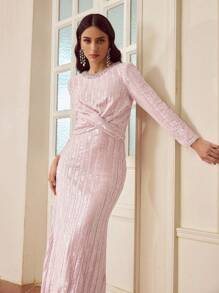 ZEYLAH 亮片水钻细节交叉裹腰美人鱼下摆连衣裙 - 粉色 - 查看 7