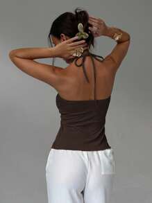 Aloruh Women's Summer Fashion Solid Color Asymmetric Hem Backless Halter Top,Halter Top - Brown - View 2