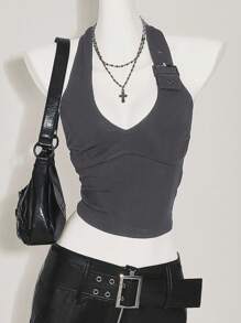 SHEIN ICON Women's Slim Fit Casual Halter Neck Solid Color Adjustable Buckle Tank Top