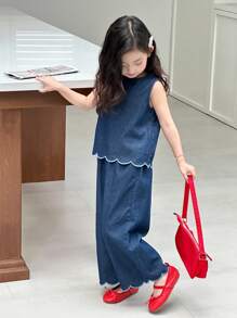 Dazy Kids 2pcs Young Girls Round Neck Sleeveless Washed Shirt And Loose Denim Pants Denim Outfit - Blue - View 4
