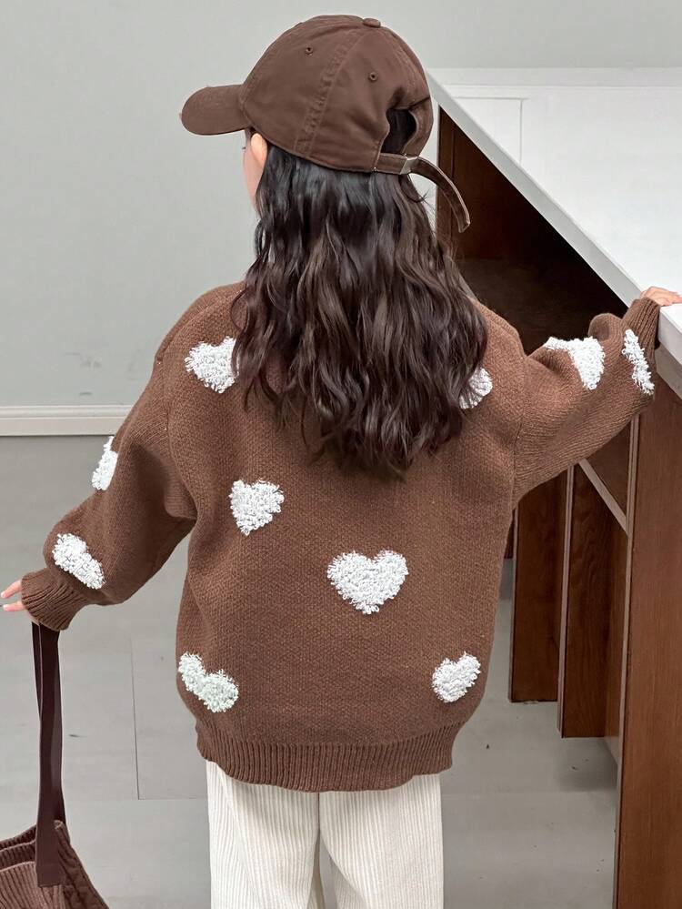 Young Girls Round Neck Contrast Color Heart Casual Long Sleeve Sweater