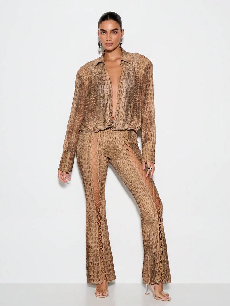 KIZN Animal Print Flared Trouser High Waisted Statement Pants With Side Lace Up Details Resort Wear Festival Ready Pants Boho Party Evening Wear