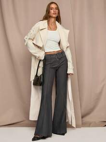 SHEIN BAE Pantalones casuales de unicolor gris de twill elástico con rayas de palillo, estilo de negocios casuales para mujer, estilo de dinero viejo para mujer, oficina para mujer, viaje al aeropuerto, pantalones casuales, otoño para mujer, pantalones intelectuales - Gris - Ver 7