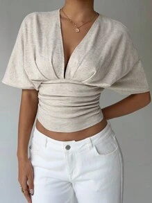 Aloruh Áo thun nữ ngắn tay ôm sát, cổ chữ V sâu, màu mơ, kiểu dáng thanh lịch, sang trọng, thích hợp cho mùa hè. - Màu be - Xem 5