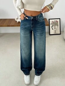 EURMUSE WOMEN MID WAIST STRAIGHT EVERYDAY CASUAL JEAN DARK BLUE - Dark Wash - View 4