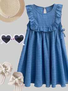 SHEIN Young Girls Ruffled Hem Textured Casual Dress - Pink - View 1