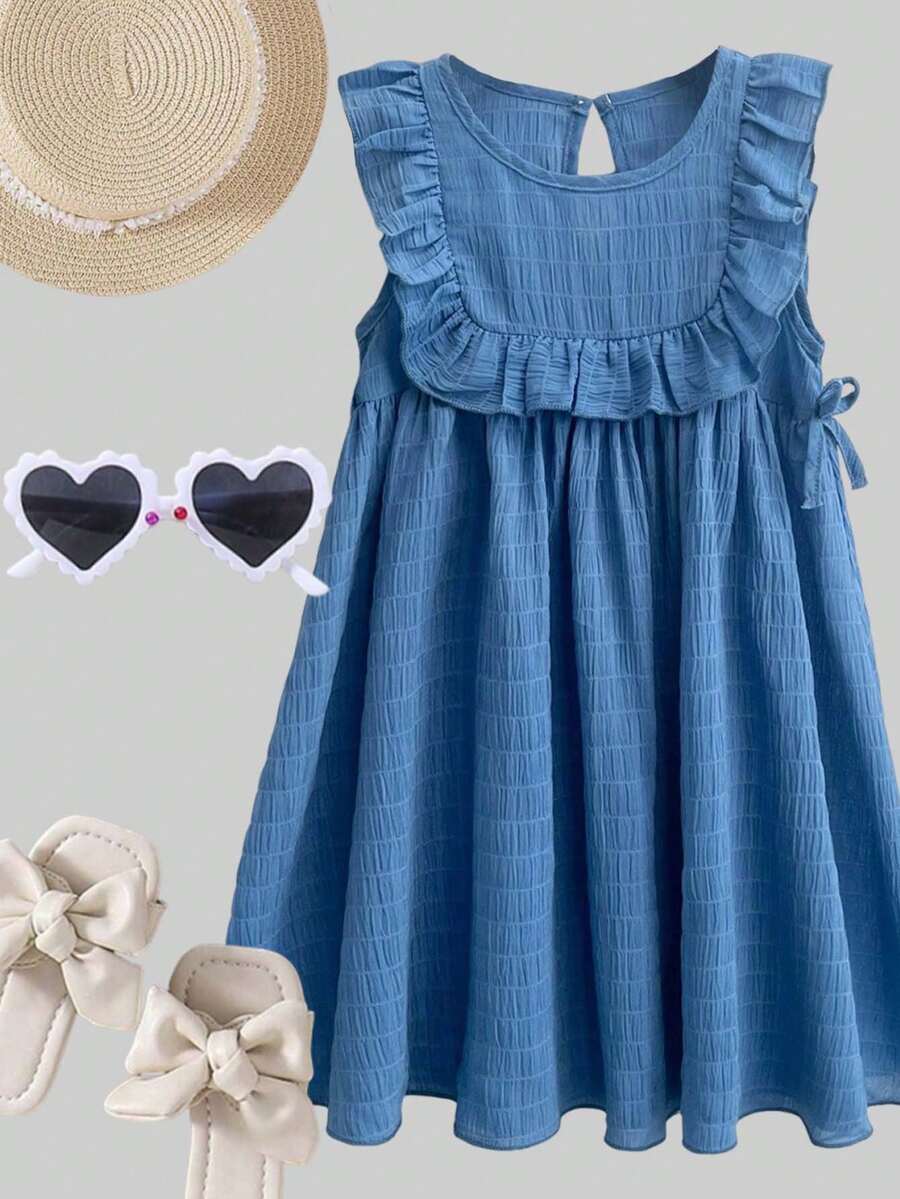 SHEIN Young Girls Ruffled Hem Textured Casual Dress - Pink - View 1