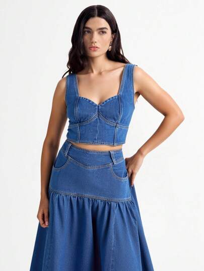 Daynim Top en jean sans manches, à bretelles larges pour femme